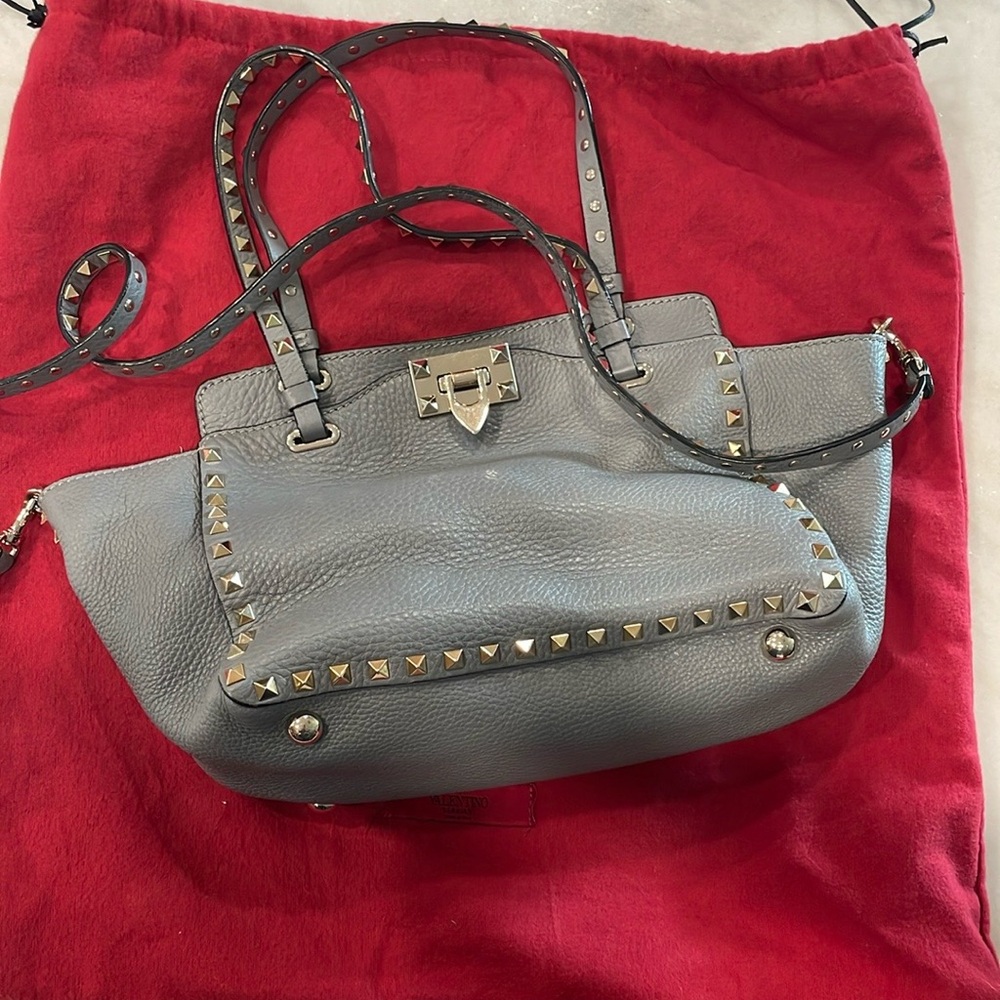 Valentino Rockstud Tote Shoulder Bag Grey Leather Silver-Tone Hardware Studded